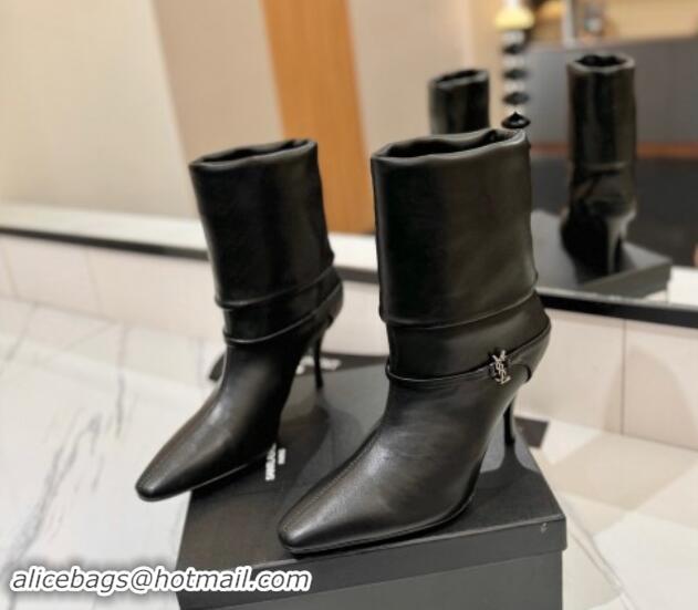 Buy Luxury Saint Laurent Niki Heel Ankle Boots 10.5cm with YSL Strap in Calfskin Black 1116004