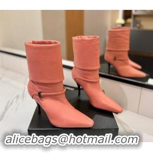 Shop Cheap Saint Laurent Niki Heel Ankle Boots 10.5cm with YSL Strap in Calfskin Coral Pink 1116005