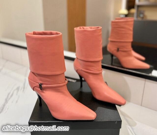 Shop Cheap Saint Laurent Niki Heel Ankle Boots 10.5cm with YSL Strap in Calfskin Coral Pink 1116005