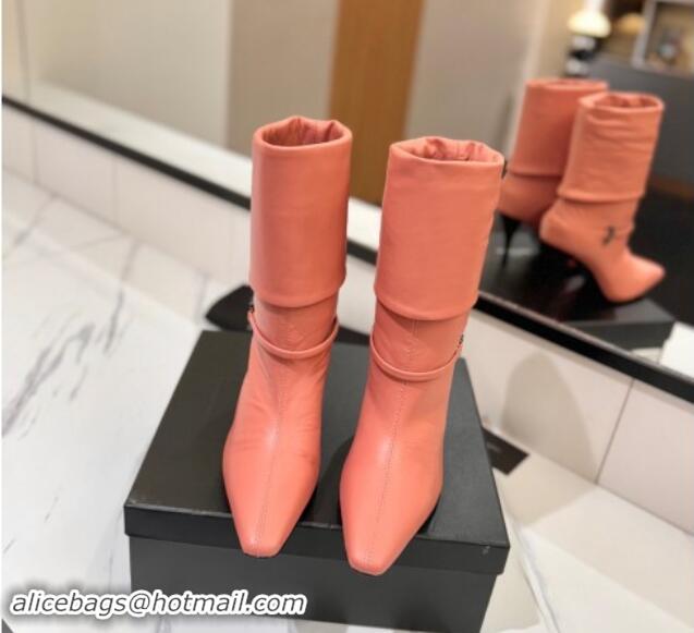 Shop Cheap Saint Laurent Niki Heel Ankle Boots 10.5cm with YSL Strap in Calfskin Coral Pink 1116005