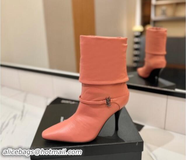 Shop Cheap Saint Laurent Niki Heel Ankle Boots 10.5cm with YSL Strap in Calfskin Coral Pink 1116005