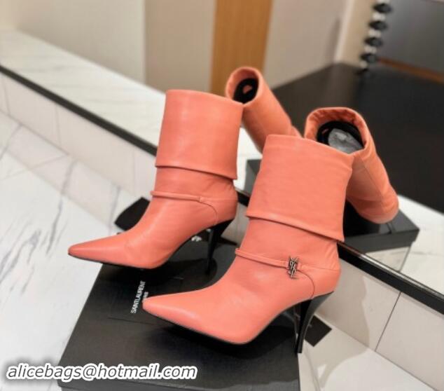 Shop Cheap Saint Laurent Niki Heel Ankle Boots 10.5cm with YSL Strap in Calfskin Coral Pink 1116005