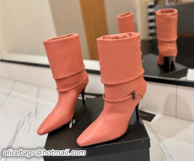 Shop Cheap Saint Laurent Niki Heel Ankle Boots 10.5cm with YSL Strap in Calfskin Coral Pink 1116005