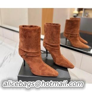 Duplicate Saint Laurent Niki Heel Ankle Boots 10.5cm with YSL Strap in Suede Brown 1116006