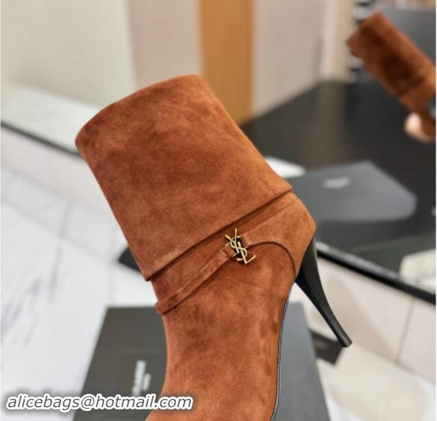 Duplicate Saint Laurent Niki Heel Ankle Boots 10.5cm with YSL Strap in Suede Brown 1116006