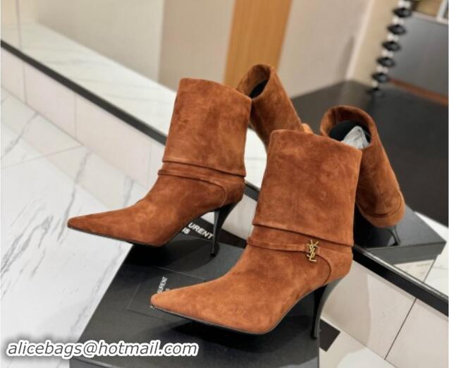 Duplicate Saint Laurent Niki Heel Ankle Boots 10.5cm with YSL Strap in Suede Brown 1116006