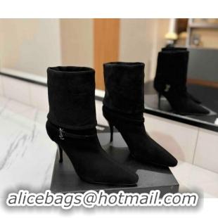 Stylish Saint Laurent Niki Heel Ankle Boots 10.5cm with YSL Strap in Suede Black 1116008