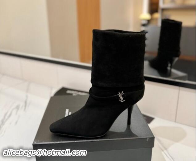 Stylish Saint Laurent Niki Heel Ankle Boots 10.5cm with YSL Strap in Suede Black 1116008