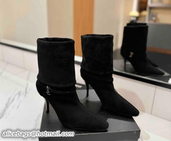 Stylish Saint Laurent Niki Heel Ankle Boots 10.5cm with YSL Strap in Suede Black 1116008