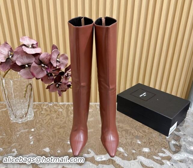 Purchase Saint Laurent Calfskin Pointed High Boots 10cm Brown 1116012