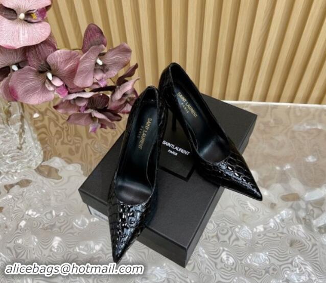 Luxurious Saint Laurent Norma High Heel Pumps 11.5cm in Stone Embossed Leather Black 1116019