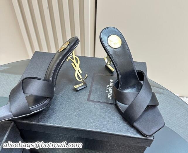 Top Grade Saint Laurent Satin High Heel YSL Slides Sandal 11cm Black 1122119