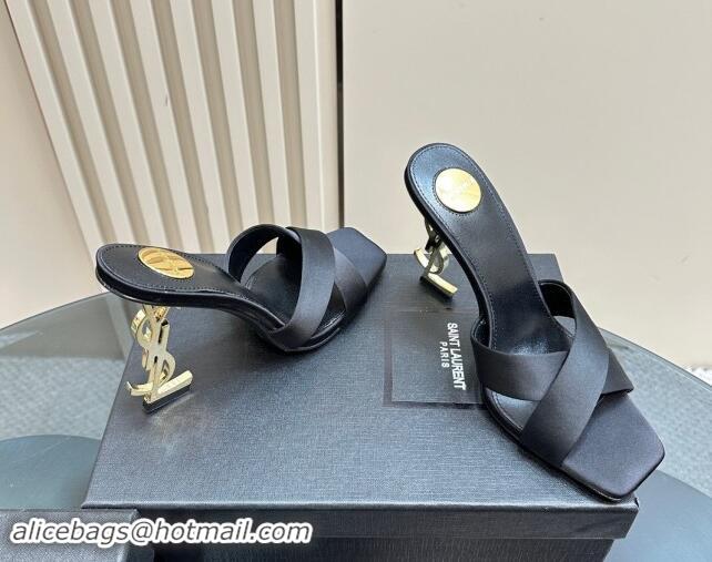 Top Grade Saint Laurent Satin High Heel YSL Slides Sandal 11cm Black 1122119