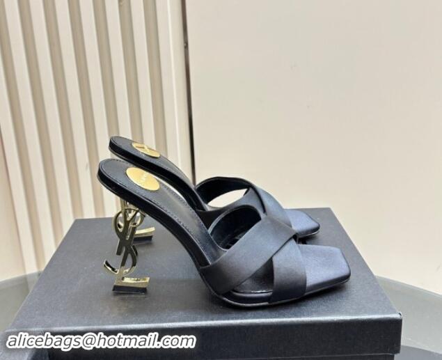 Top Grade Saint Laurent Satin High Heel YSL Slides Sandal 11cm Black 1122119