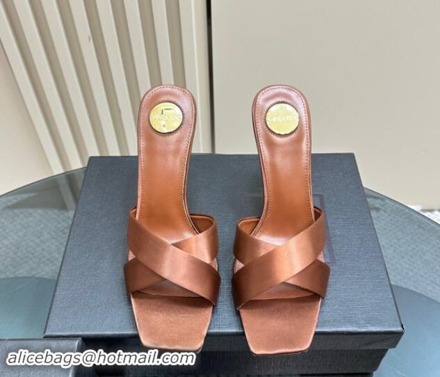 Luxury Cheap Saint Laurent Satin High Heel YSL Slides Sandal 11cm Brown 1122120