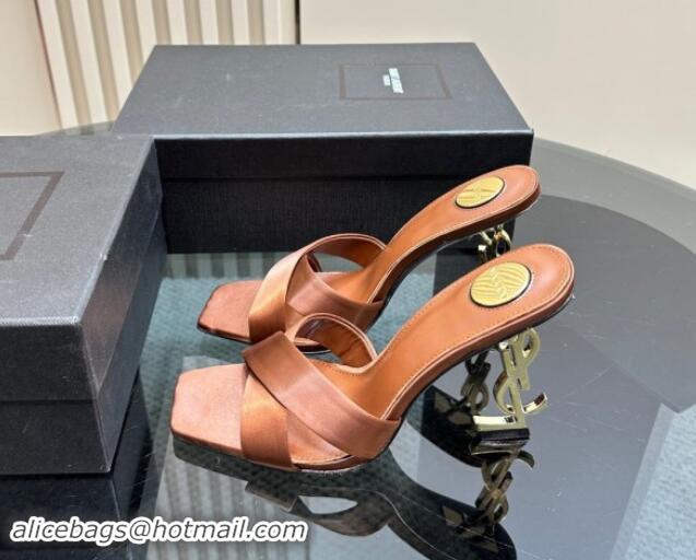 Luxury Cheap Saint Laurent Satin High Heel YSL Slides Sandal 11cm Brown 1122120