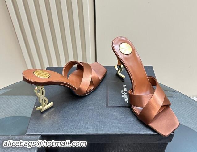 Luxury Cheap Saint Laurent Satin High Heel YSL Slides Sandal 11cm Brown 1122120