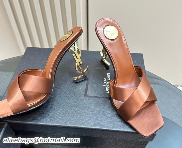 Luxury Cheap Saint Laurent Satin High Heel YSL Slides Sandal 11cm Brown 1122120