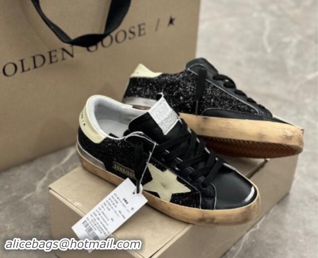 Good Quality Golden Goose Super-Star Sneakers in in black glitter and nappa leather with cream white leather star and he