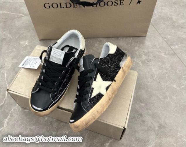 Good Quality Golden Goose Super-Star Sneakers in in black glitter and nappa leather with cream white leather star and he