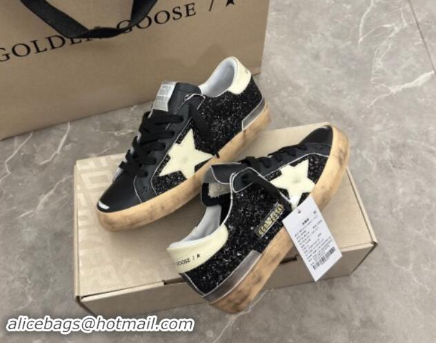 Good Quality Golden Goose Super-Star Sneakers in in black glitter and nappa leather with cream white leather star and he