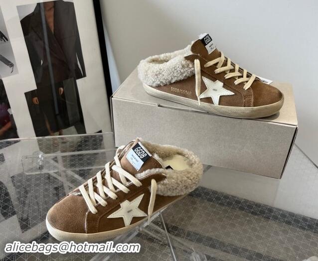 Luxury Discount Golden Goose Super-Star Sneaker Mules in brown suede and shearling with white leather star 1113005