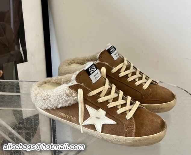 Luxury Discount Golden Goose Super-Star Sneaker Mules in brown suede and shearling with white leather star 1113005