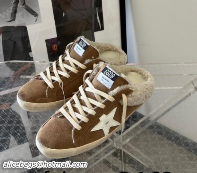 Luxury Discount Golden Goose Super-Star Sneaker Mules in brown suede and shearling with white leather star 1113005