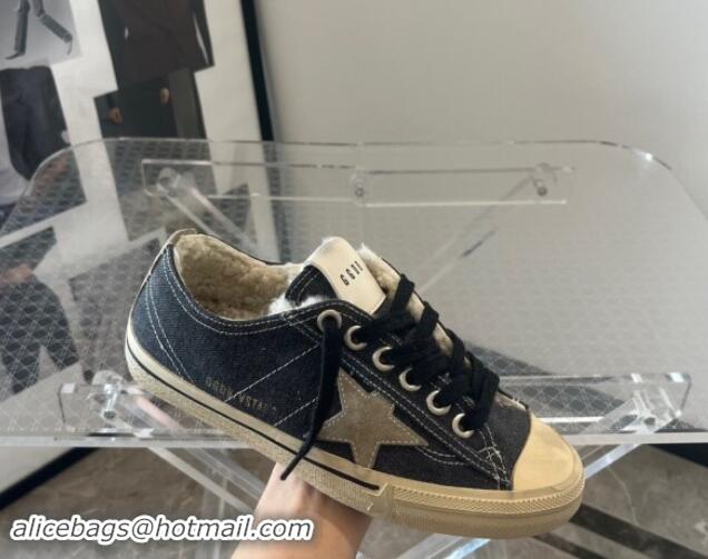 Top Design Golden Goose Women's V-Star LTD Sneakers in black canvas and shearling with grey star and heel 113008