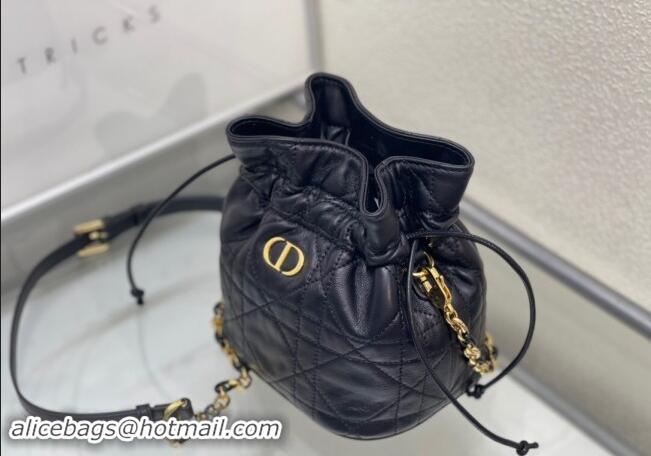 Top Quality Dior Miss Caro Mini Bucket Bag with Drawstring in Macrocannage Lambskin D2032 Black 2024