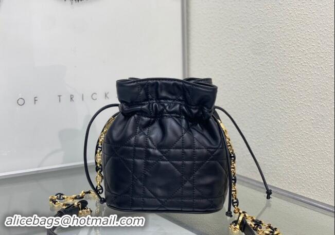 Top Quality Dior Miss Caro Mini Bucket Bag with Drawstring in Macrocannage Lambskin D2032 Black 2024