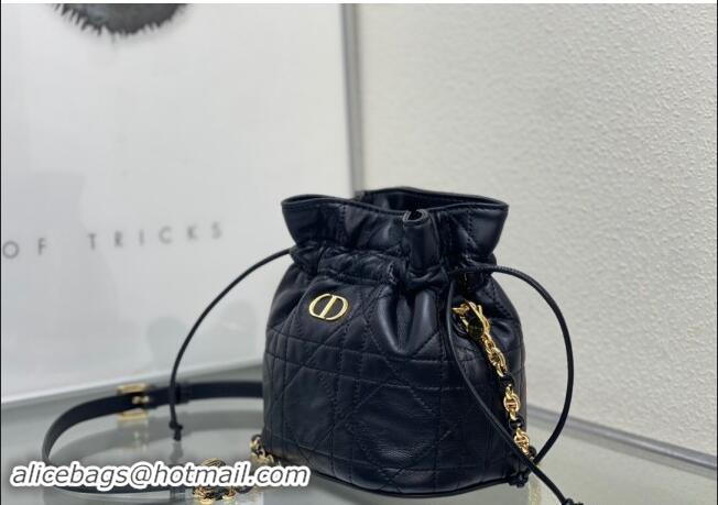 Top Quality Dior Miss Caro Mini Bucket Bag with Drawstring in Macrocannage Lambskin D2032 Black 2024