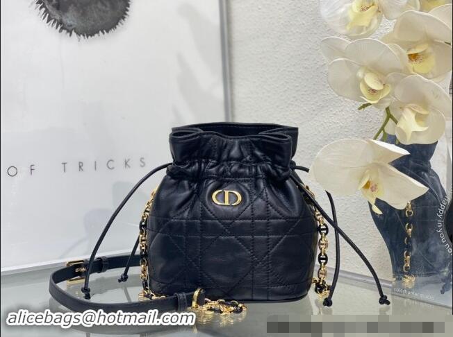 Top Quality Dior Miss Caro Mini Bucket Bag with Drawstring in Macrocannage Lambskin D2032 Black 2024