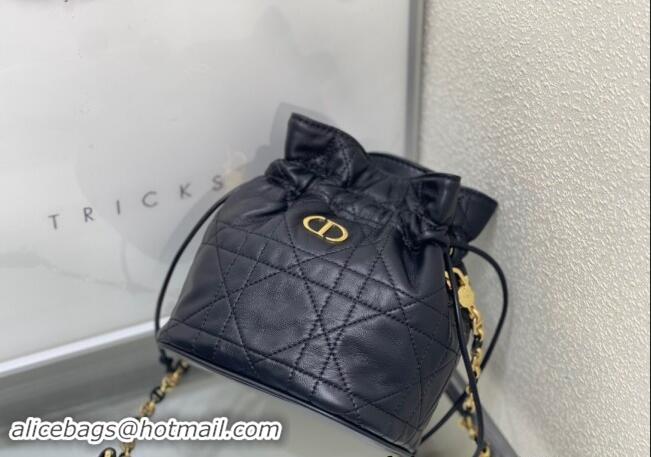 Top Quality Dior Miss Caro Mini Bucket Bag with Drawstring in Macrocannage Lambskin D2032 Black 2024