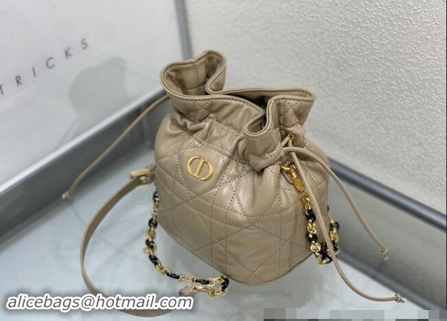 Shop Best Dior Miss Caro Mini Bucket Bag with Drawstring in Macrocannage Lambskin 2032 Beige 2024