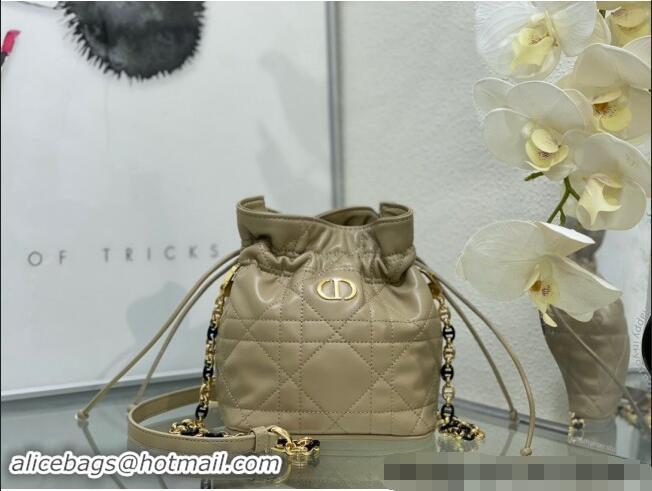 Shop Best Dior Miss Caro Mini Bucket Bag with Drawstring in Macrocannage Lambskin 2032 Beige 2024