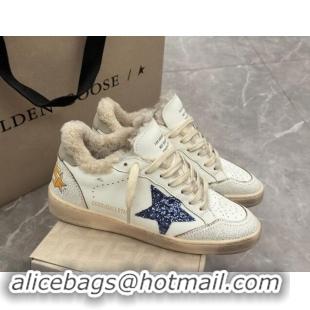 Shop Cheap Golden Goose Ball Star Sneakers in white leather and shearling with blue glitter star and grey suede heel tab