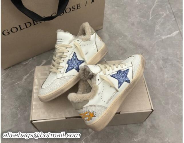 Shop Cheap Golden Goose Ball Star Sneakers in white leather and shearling with blue glitter star and grey suede heel tab