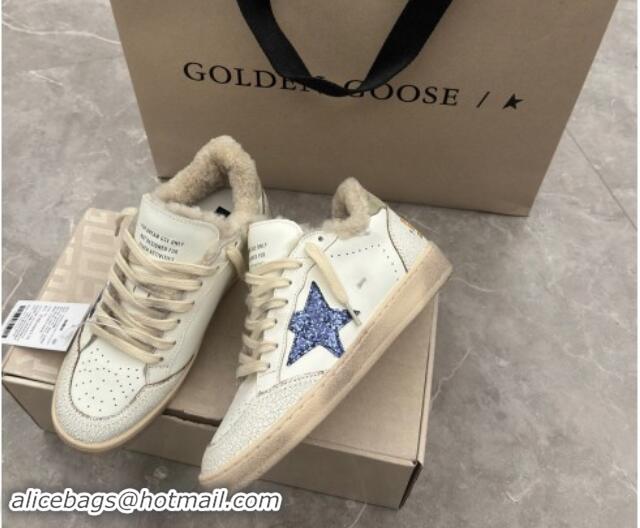 Shop Cheap Golden Goose Ball Star Sneakers in white leather and shearling with blue glitter star and grey suede heel tab