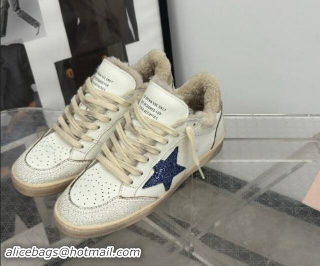 Shop Cheap Golden Goose Ball Star Sneakers in white leather and shearling with blue glitter star and grey suede heel tab