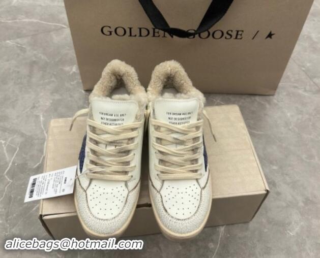 Shop Cheap Golden Goose Ball Star Sneakers in white leather and shearling with blue glitter star and grey suede heel tab