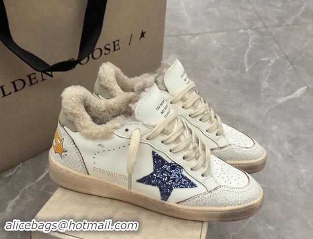 Shop Cheap Golden Goose Ball Star Sneakers in white leather and shearling with blue glitter star and grey suede heel tab