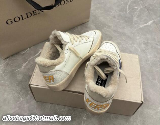 Shop Cheap Golden Goose Ball Star Sneakers in white leather and shearling with blue glitter star and grey suede heel tab