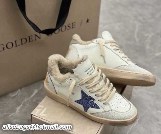 Shop Cheap Golden Goose Ball Star Sneakers in white leather and shearling with blue glitter star and grey suede heel tab