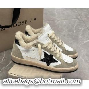 Top Grade Golden Goose Ball Star Sneakers in white nappa leather, grey suede and shearling with black glitter star and h