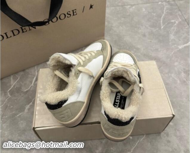 Top Grade Golden Goose Ball Star Sneakers in white nappa leather, grey suede and shearling with black glitter star and h