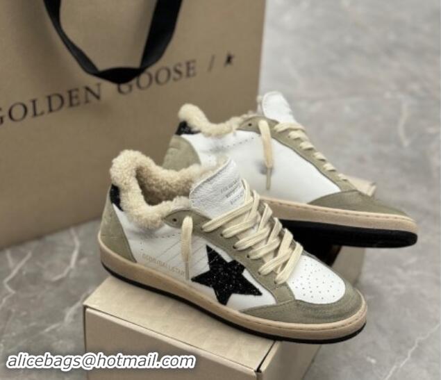 Top Grade Golden Goose Ball Star Sneakers in white nappa leather, grey suede and shearling with black glitter star and h