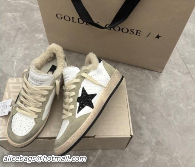 Top Grade Golden Goose Ball Star Sneakers in white nappa leather, grey suede and shearling with black glitter star and h