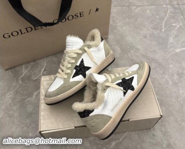 Top Grade Golden Goose Ball Star Sneakers in white nappa leather, grey suede and shearling with black glitter star and h