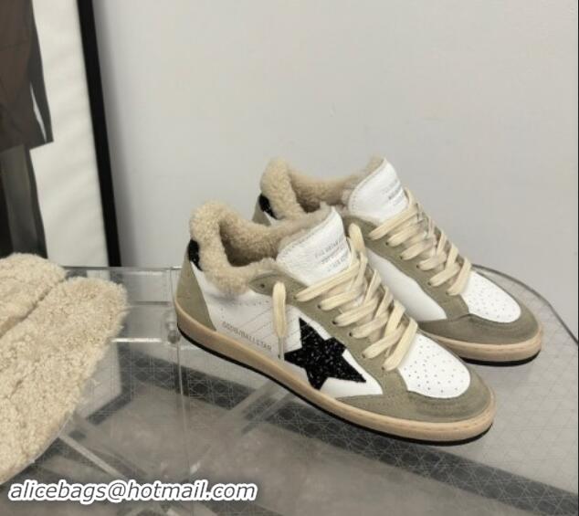 Top Grade Golden Goose Ball Star Sneakers in white nappa leather, grey suede and shearling with black glitter star and h